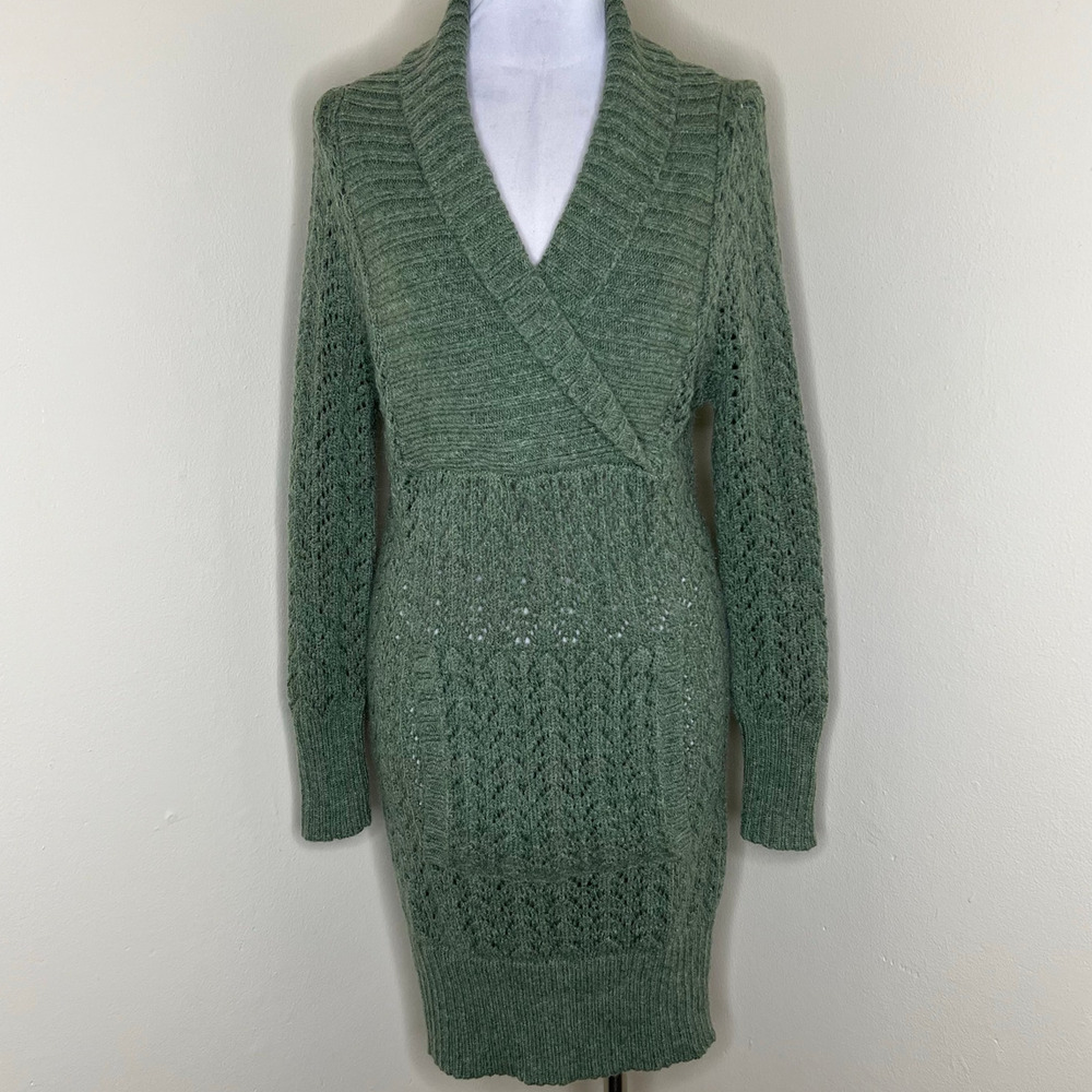 Lily McNeal Sweater Dress Medium Women Wool Blend Green Shawl Collar Mohair Knit